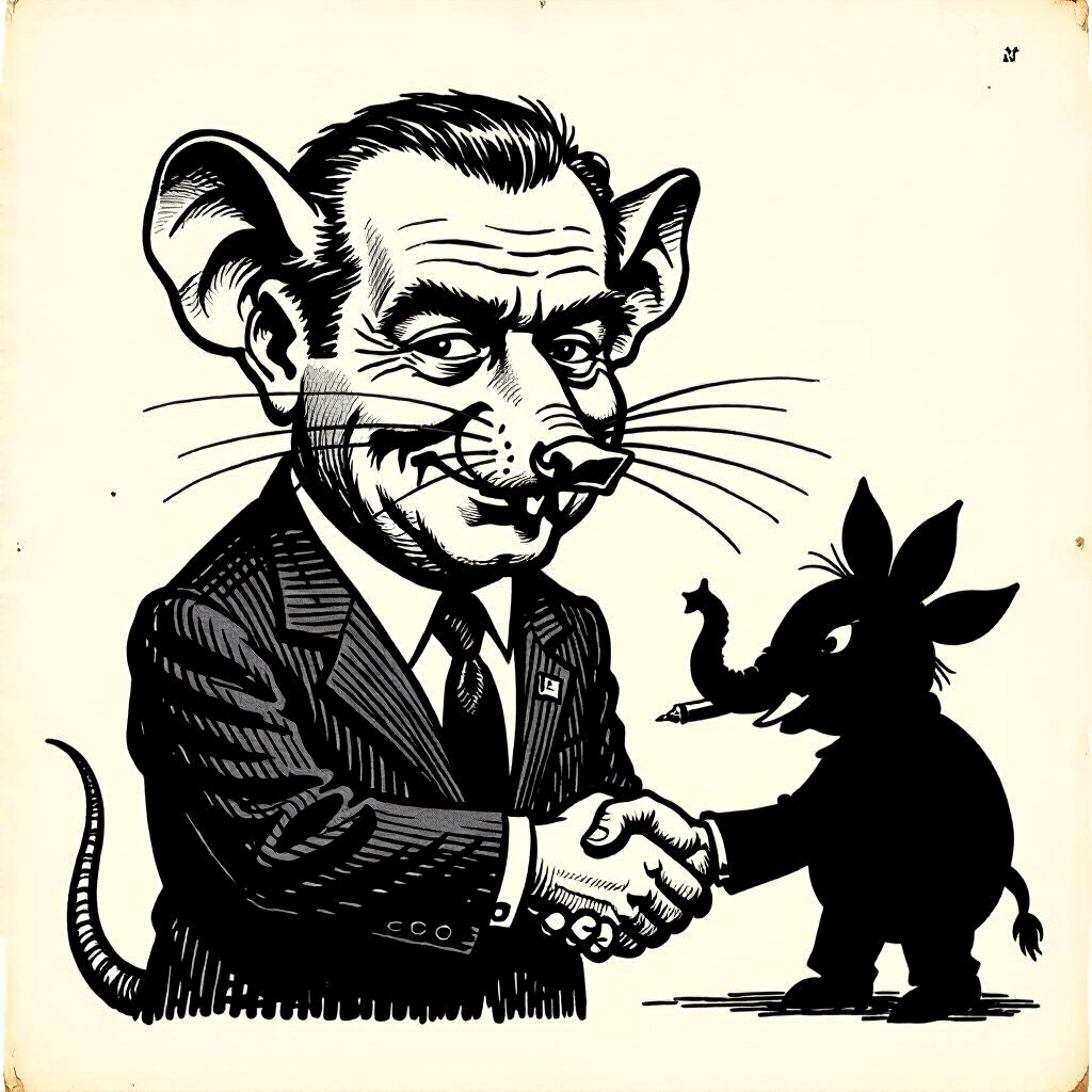 Vintage editorial cartoon depicting a politician rendered with the face of a rat